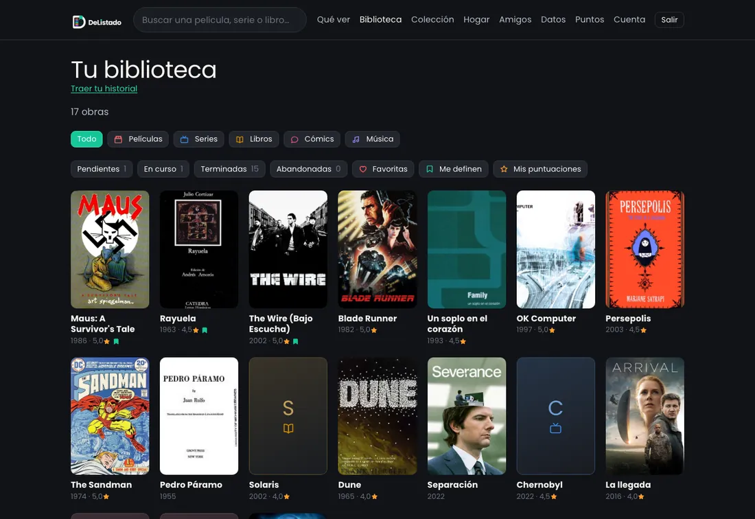 La biblioteca después de marcar unas cuantas obras: cine, series, libros, cómics y música en la misma rejilla, con filtros por categoría y por estado.