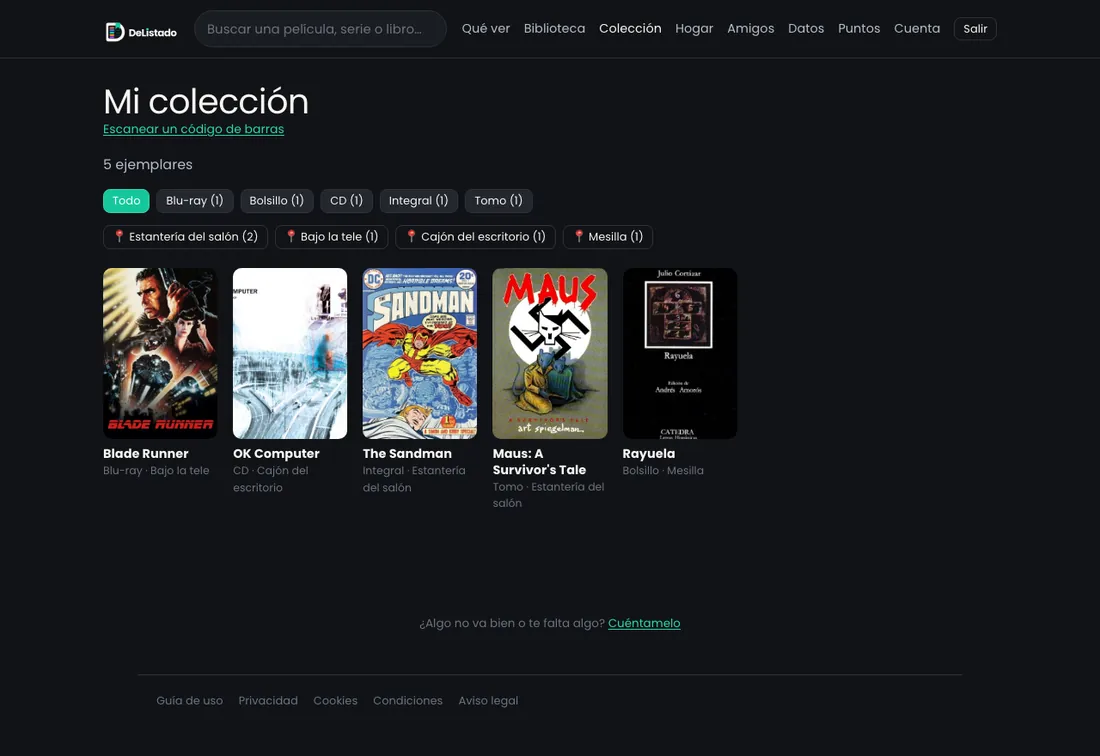 La colección física: cinco ejemplares con su carátula, agrupados por formato —Blu-ray, bolsillo, CD, integral y tomo— y por el sitio de la casa donde se guardan.